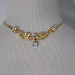 Sparkling Necklace Choker Rhinestones Bling Gold Tone 14 1/2" With 3" Extender